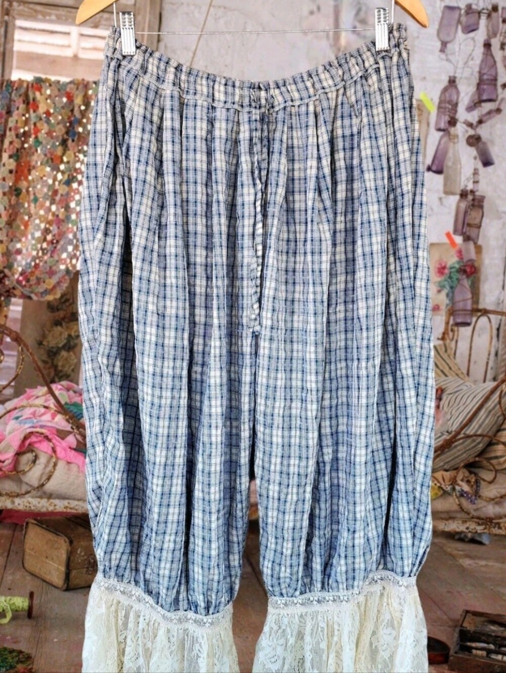 Victorian Blue Plaid Lace-Trim bohemian bloomers Boho Pants XL READ !